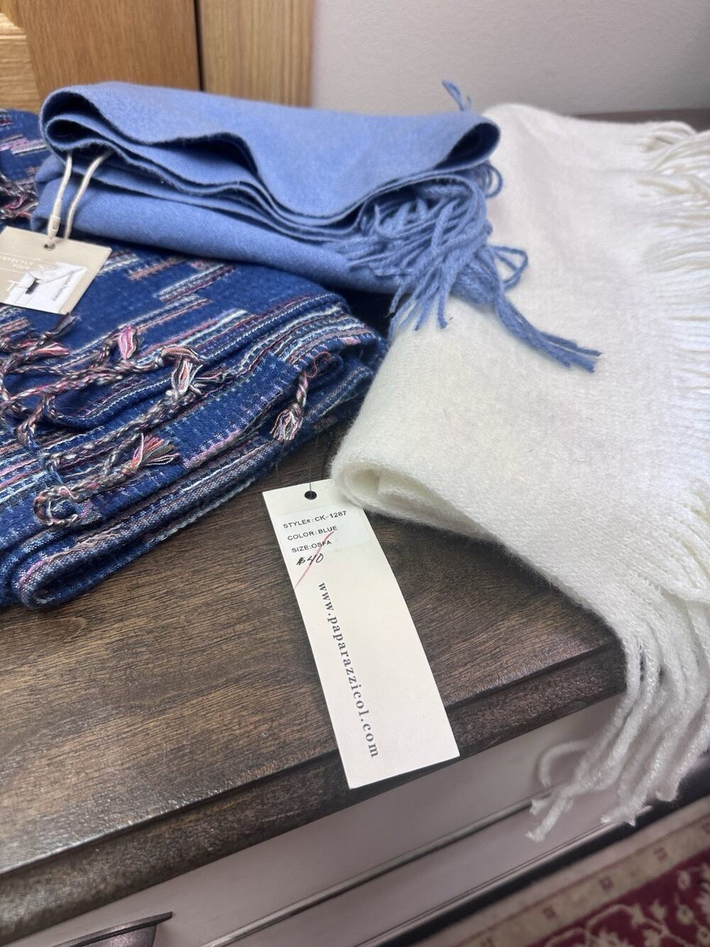 LOT of 3 Women's Scarfs Pashmina Shawl Paparazzi Joia Blue Cream Solid Plaid